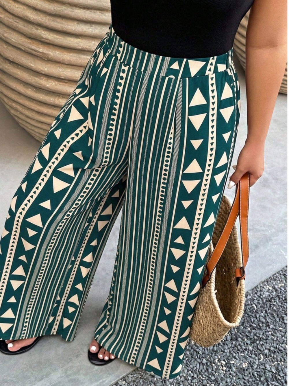 Plus All Over Print Stretchy Waist Wide Leg Trouser Pants